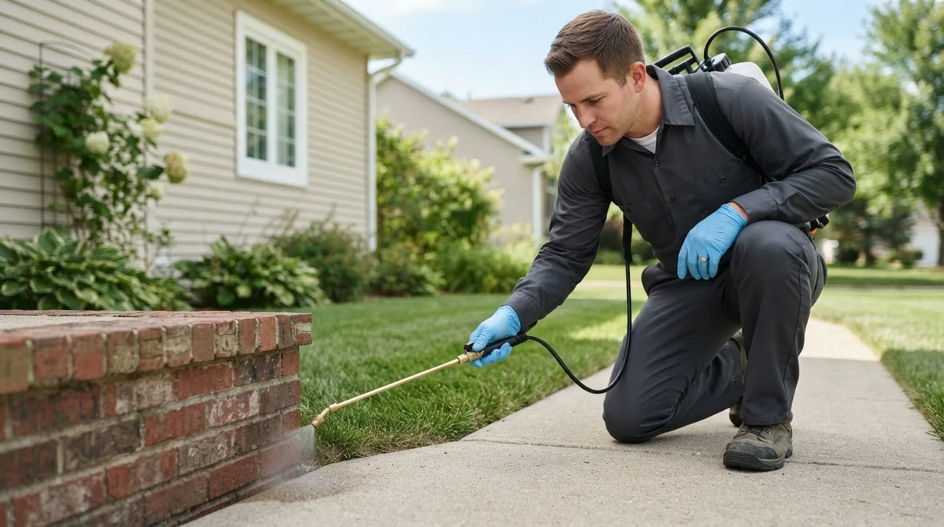 Pest control technician treating a home near Benton, IA