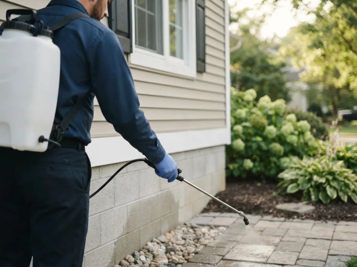 Pest control technician inspecting a home in Benton, IA